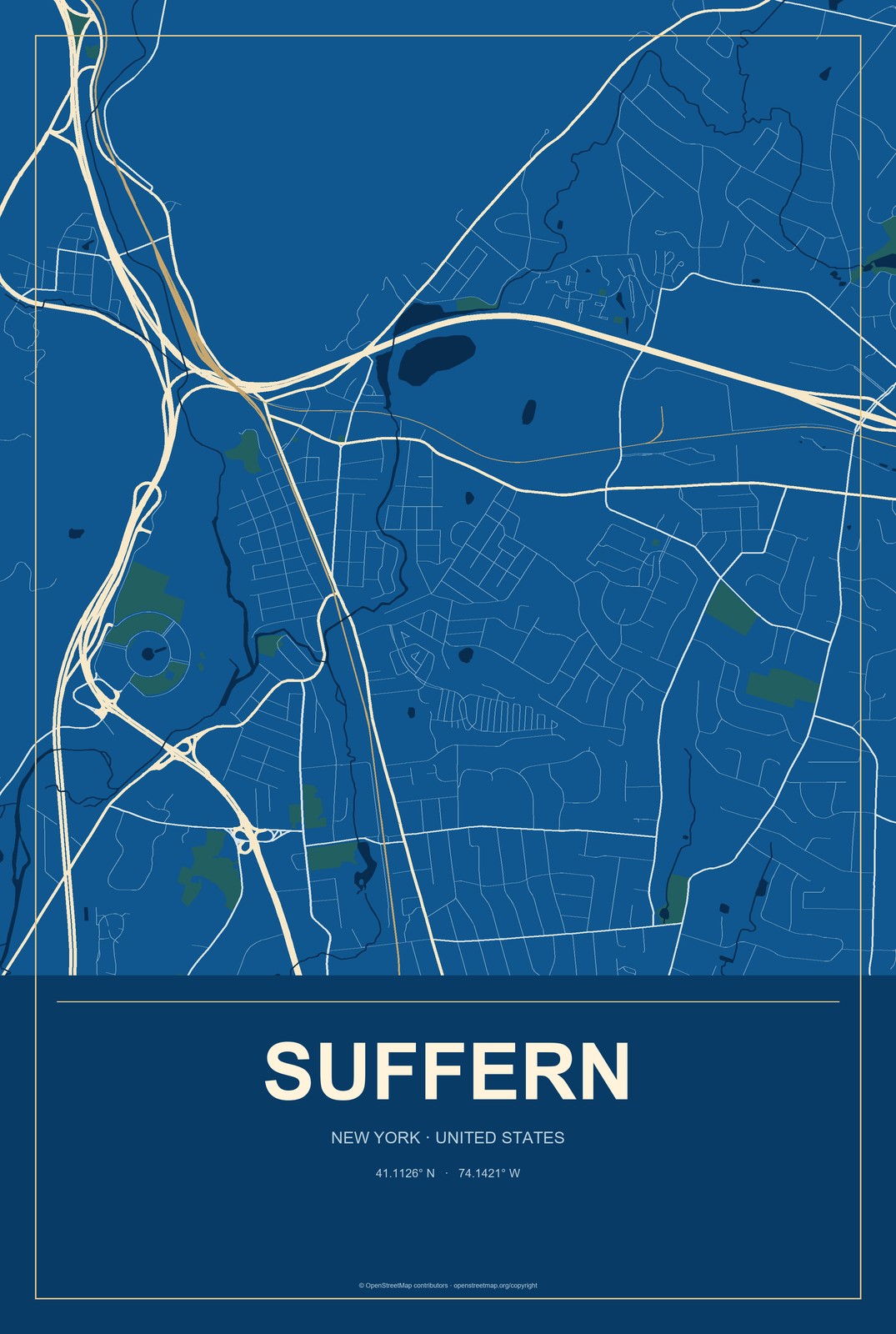 Suffern, New York City Map Aluminum Sign in Harbor Cobalt style