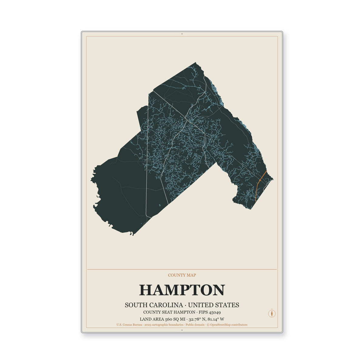Hampton County, South Carolina Map Aluminum Sign in Headline Atlas style