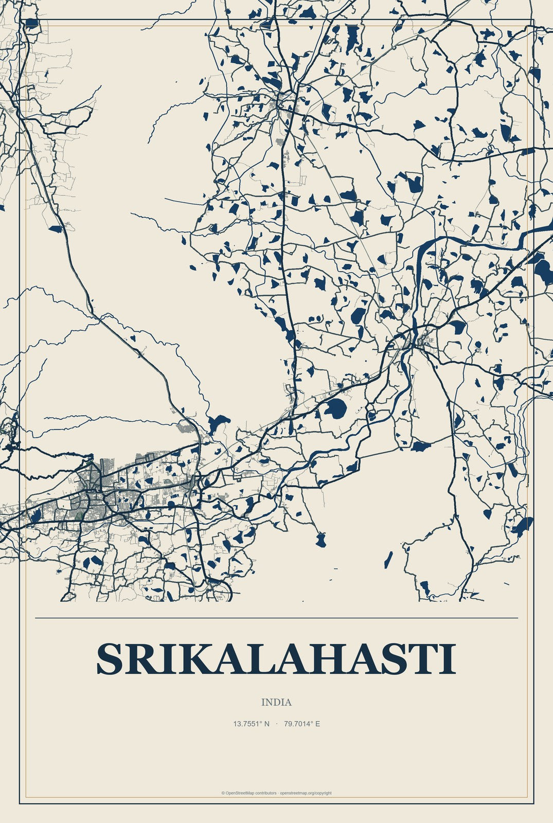 Srikalahasti, India City Map Aluminum Sign in Coastal Cutout style