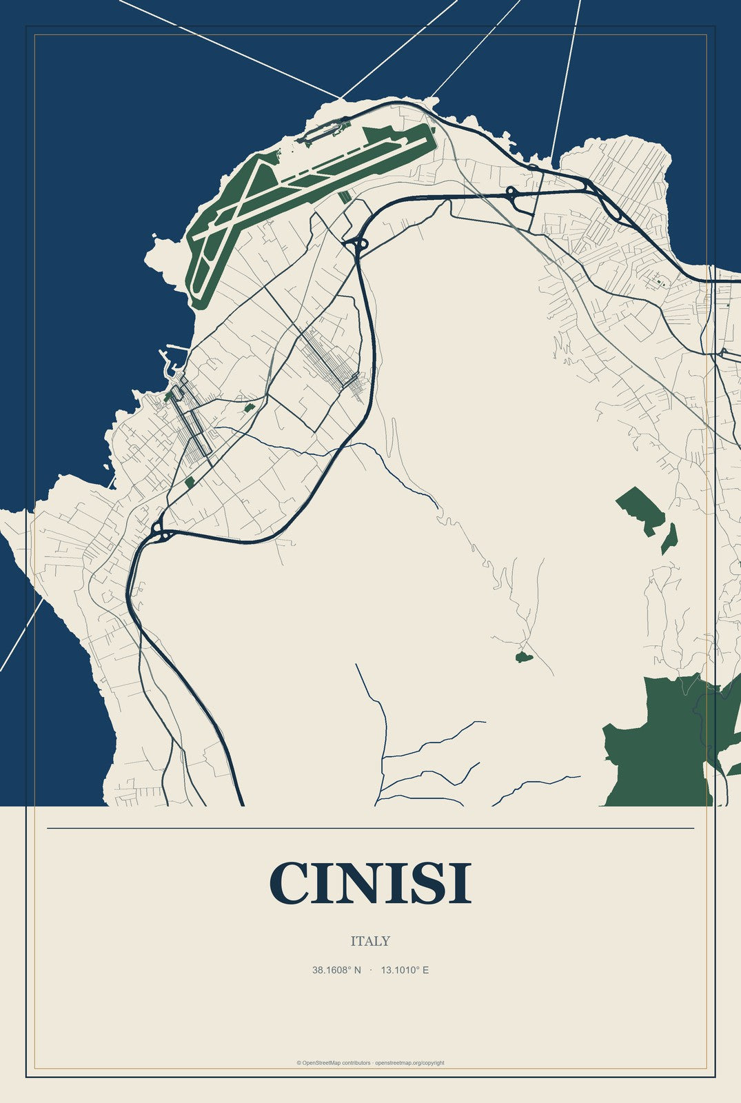 Cinisi, Italy City Map Aluminum Sign in Coastal Cutout style
