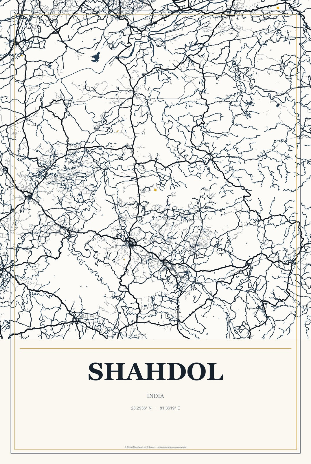 Shahdol, India City Map Aluminum Sign in Citrine Modern style