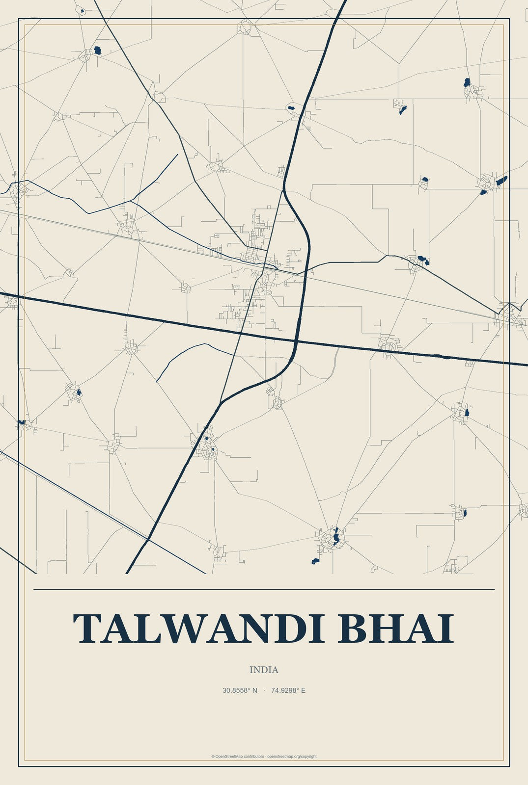 Talwandi Bhai, India City Map Aluminum Sign in Coastal Cutout style