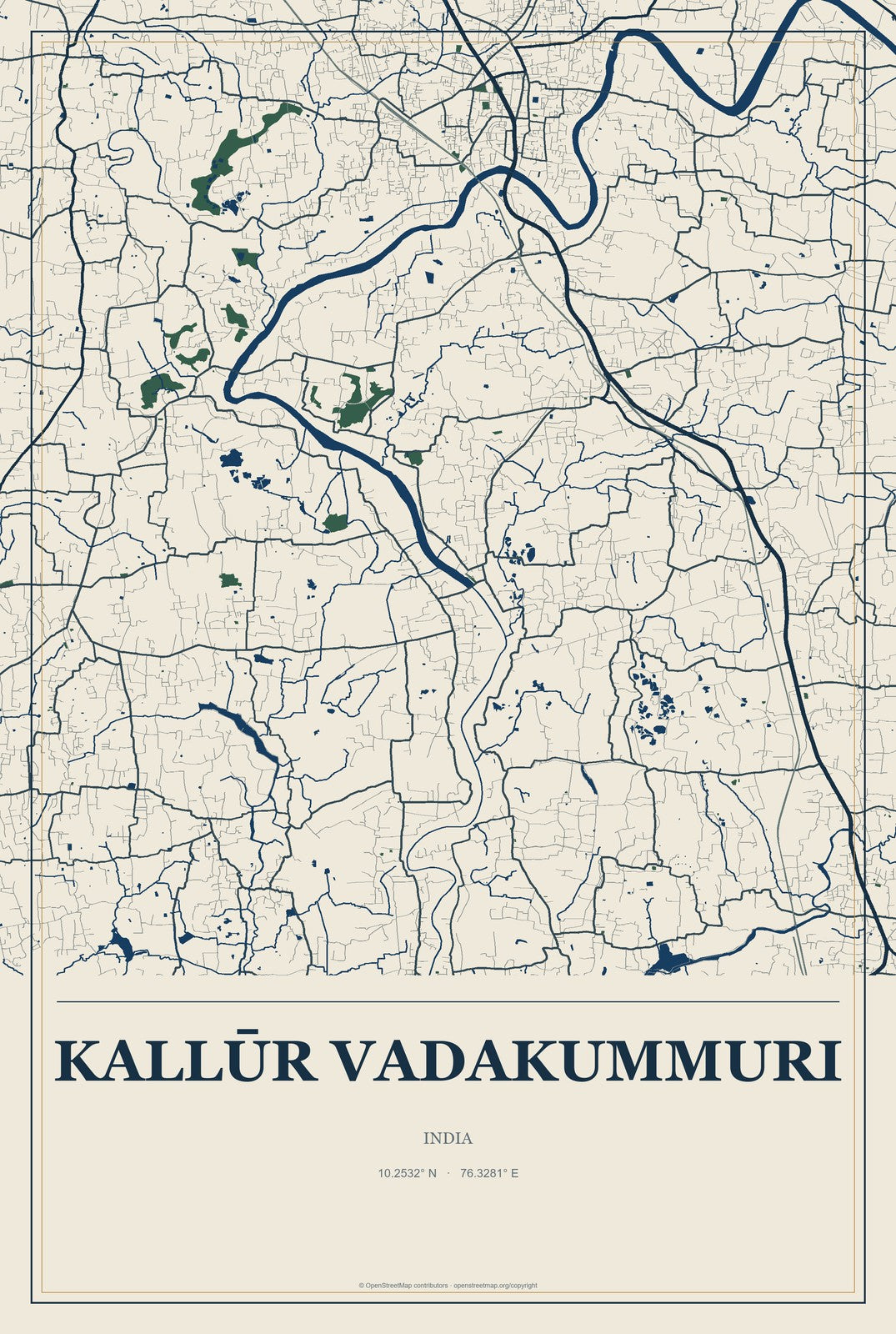 Kallūr Vadakummuri, India City Map Aluminum Sign in Coastal Cutout style