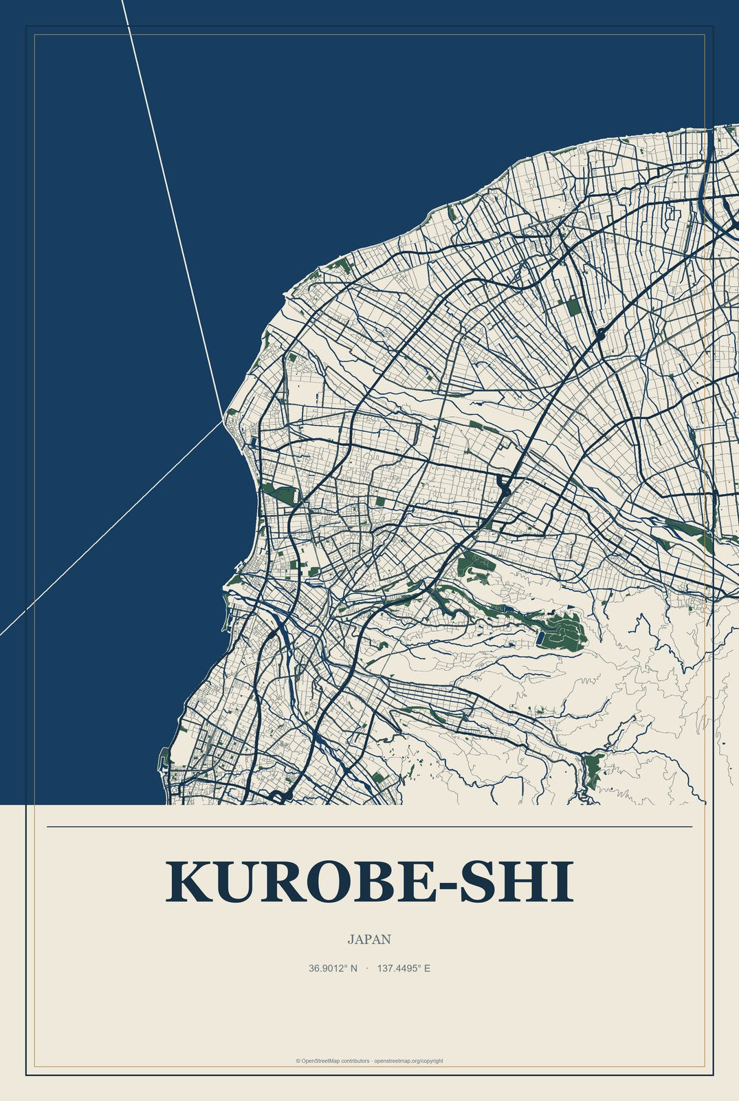 Kurobe-shi, Japan City Map Aluminum Sign in Coastal Cutout style