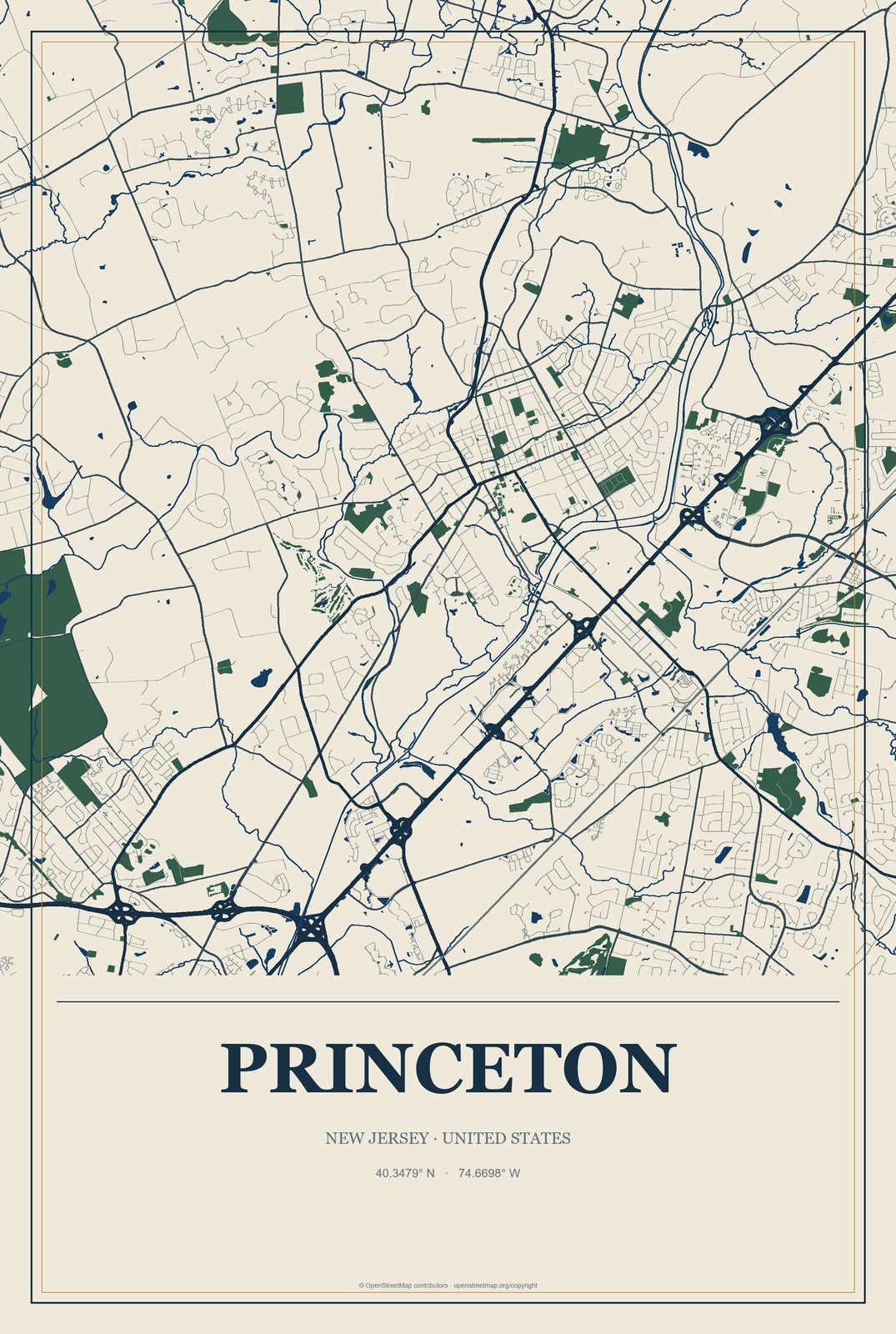 Princeton, New Jersey City Map Aluminum Sign in Coastal Cutout style