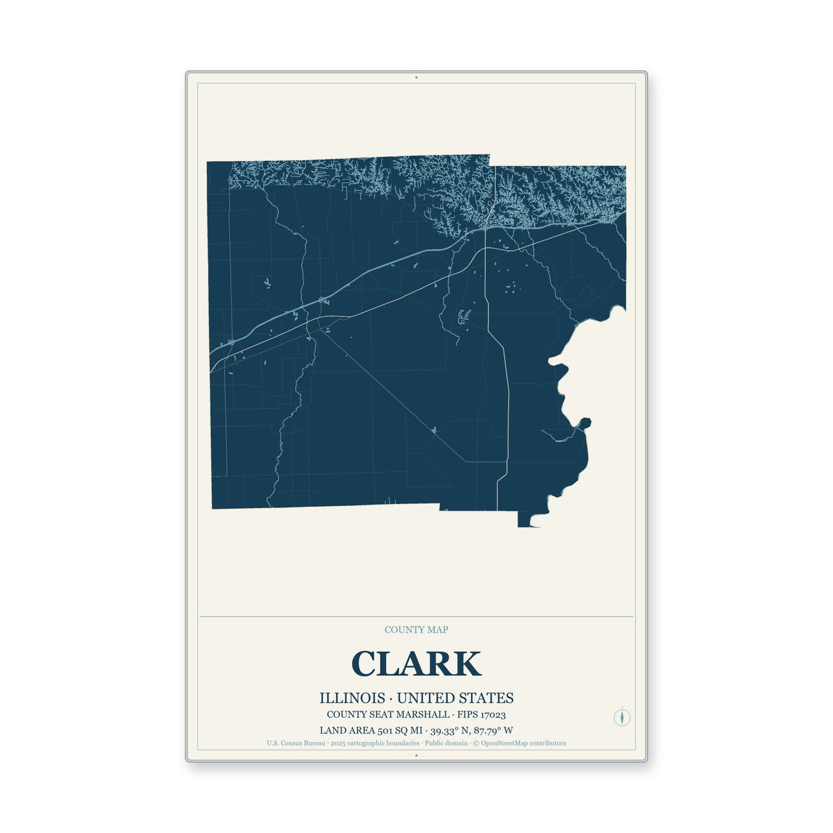 Clark County, Illinois Map Aluminum Sign in Coastal Cutout style