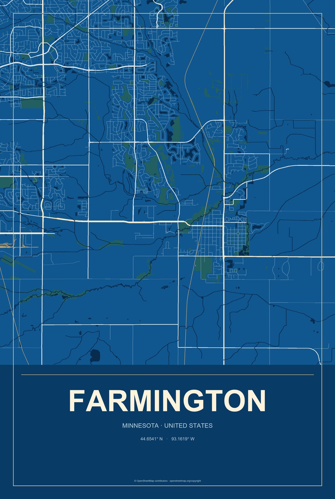 Farmington, Minnesota City Map Aluminum Sign in Harbor Cobalt style