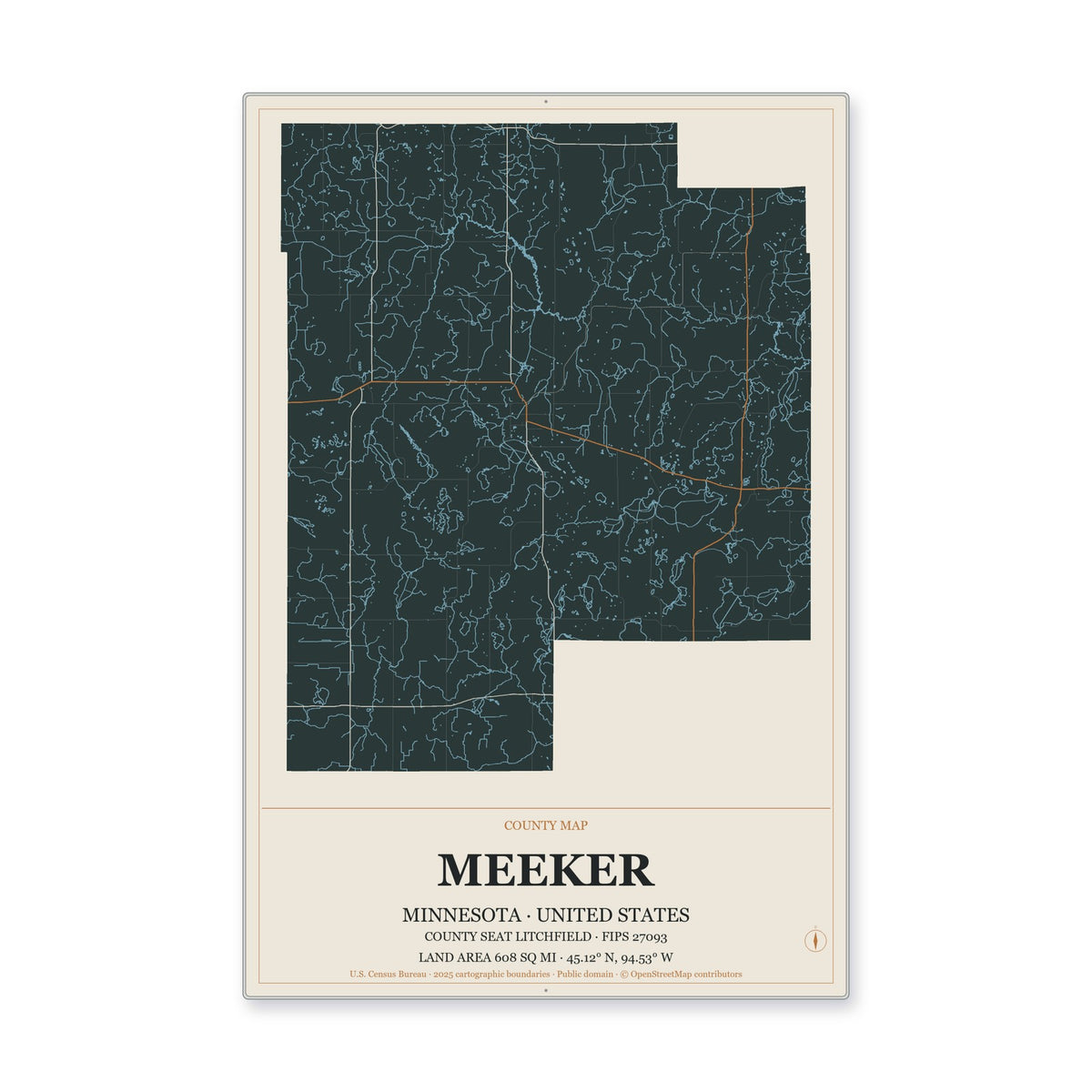 Meeker County, Minnesota Map Aluminum Sign in Headline Atlas style