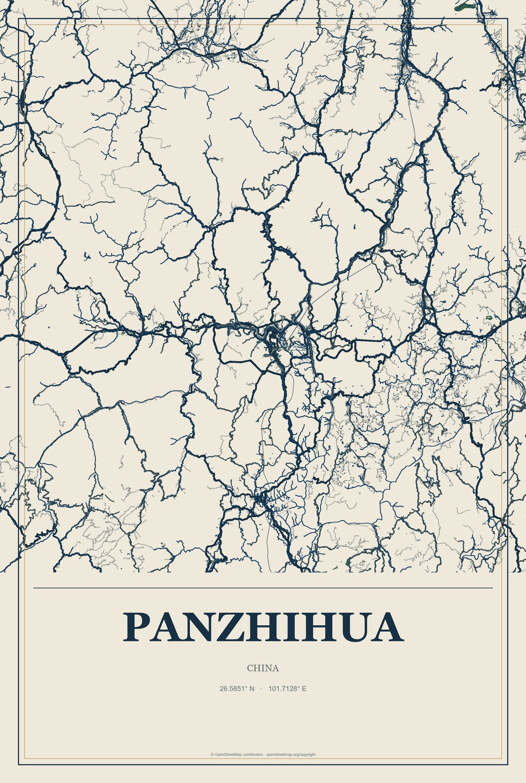 Panzhihua, China City Map Aluminum Sign in Coastal Cutout style