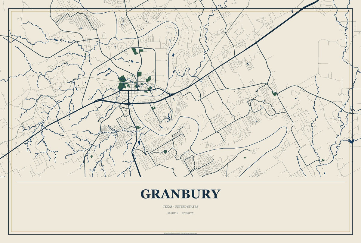 Granbury, Texas City Map Aluminum Sign in Coastal Cutout style