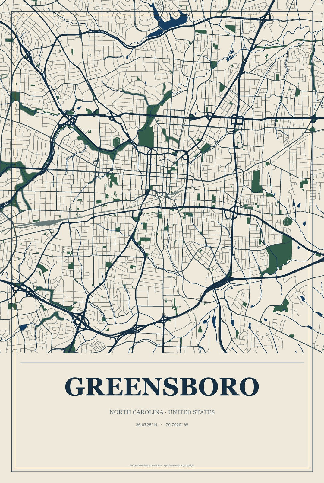 Greensboro, North Carolina City Map Aluminum Sign in Coastal Cutout style