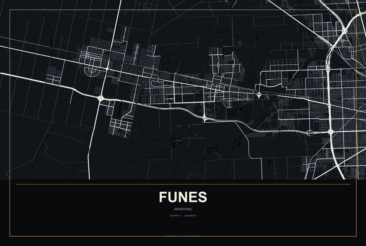 Funes, Argentina City Map Aluminum Sign in Metropolitan Noir style