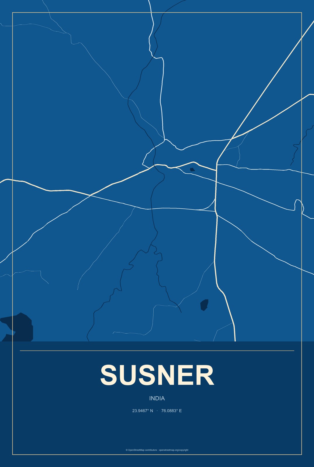 Susner, India City Map Aluminum Sign in Harbor Cobalt style
