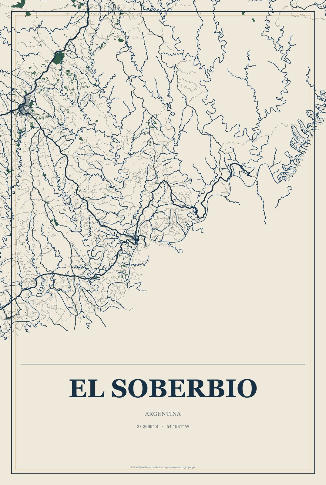 El Soberbio, Argentina City Map Aluminum Sign in Coastal Cutout style