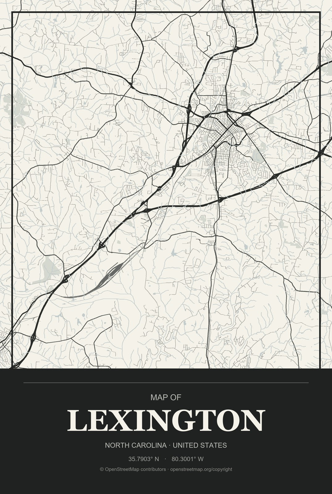 Lexington, North Carolina City Map Aluminum Sign in Museum Plaque style