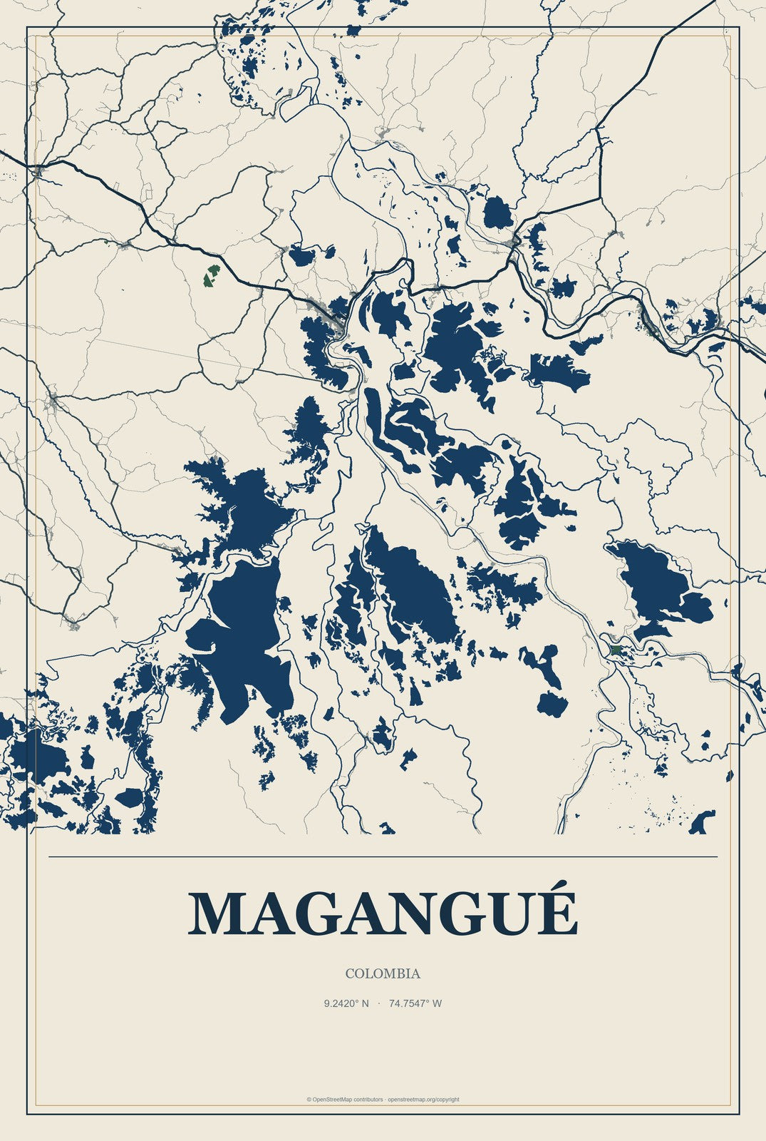 Magangué, Colombia City Map Aluminum Sign in Coastal Cutout style