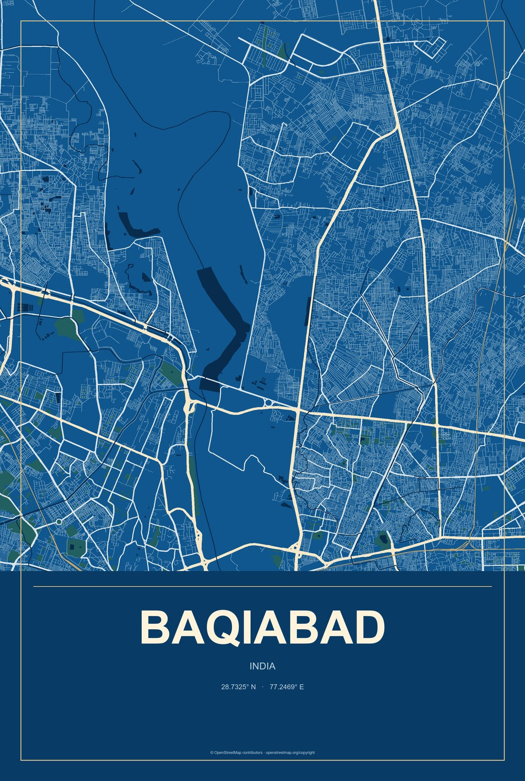 Baqiabad, India City Map Aluminum Sign in Harbor Cobalt style