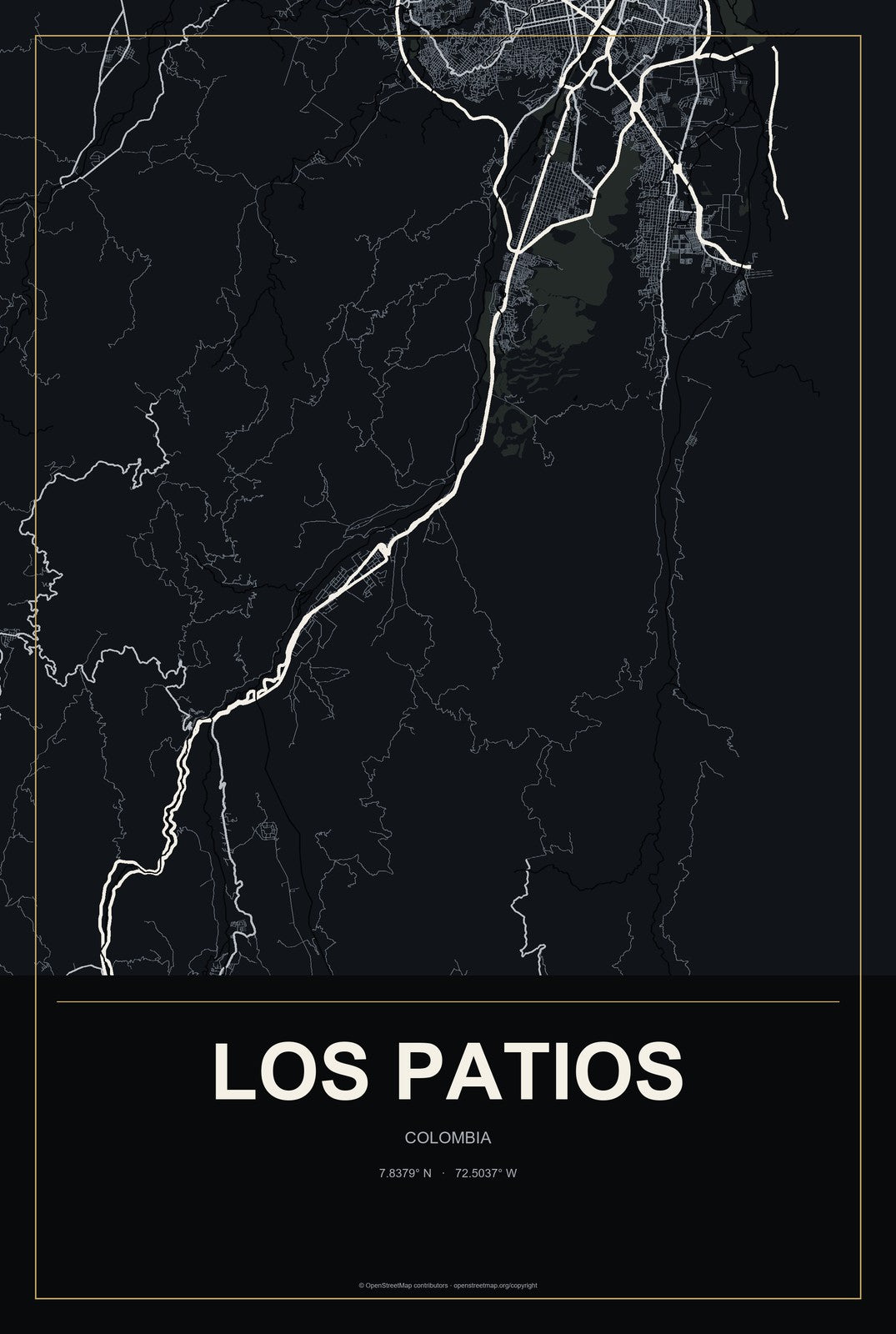 Los Patios, Colombia City Map Aluminum Sign in Metropolitan Noir style