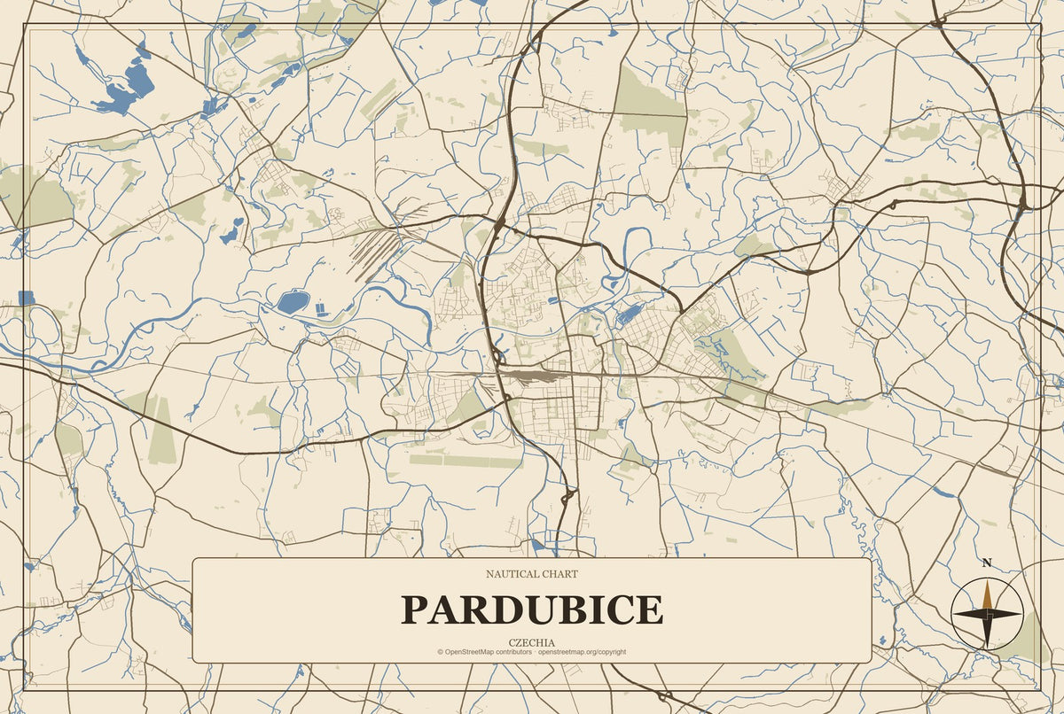 Pardubice, Czechia City Map Aluminum Sign in Heritage Nautical style
