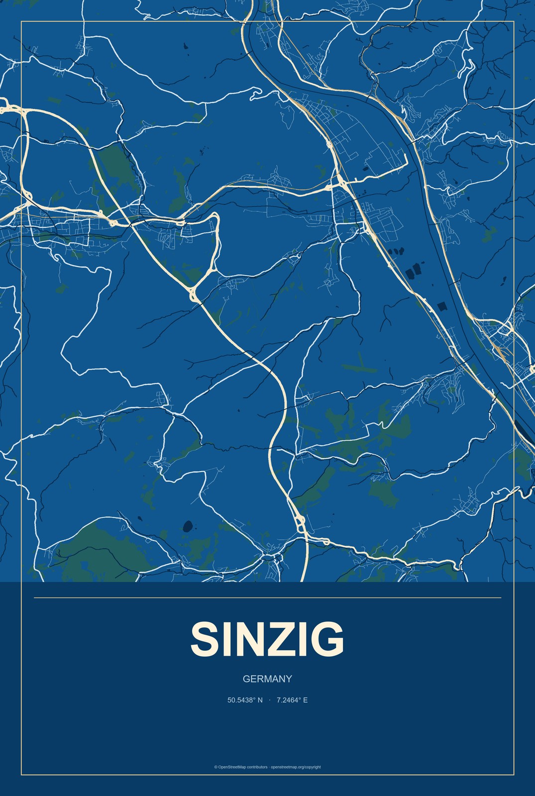 Sinzig, Germany City Map Aluminum Sign in Harbor Cobalt style