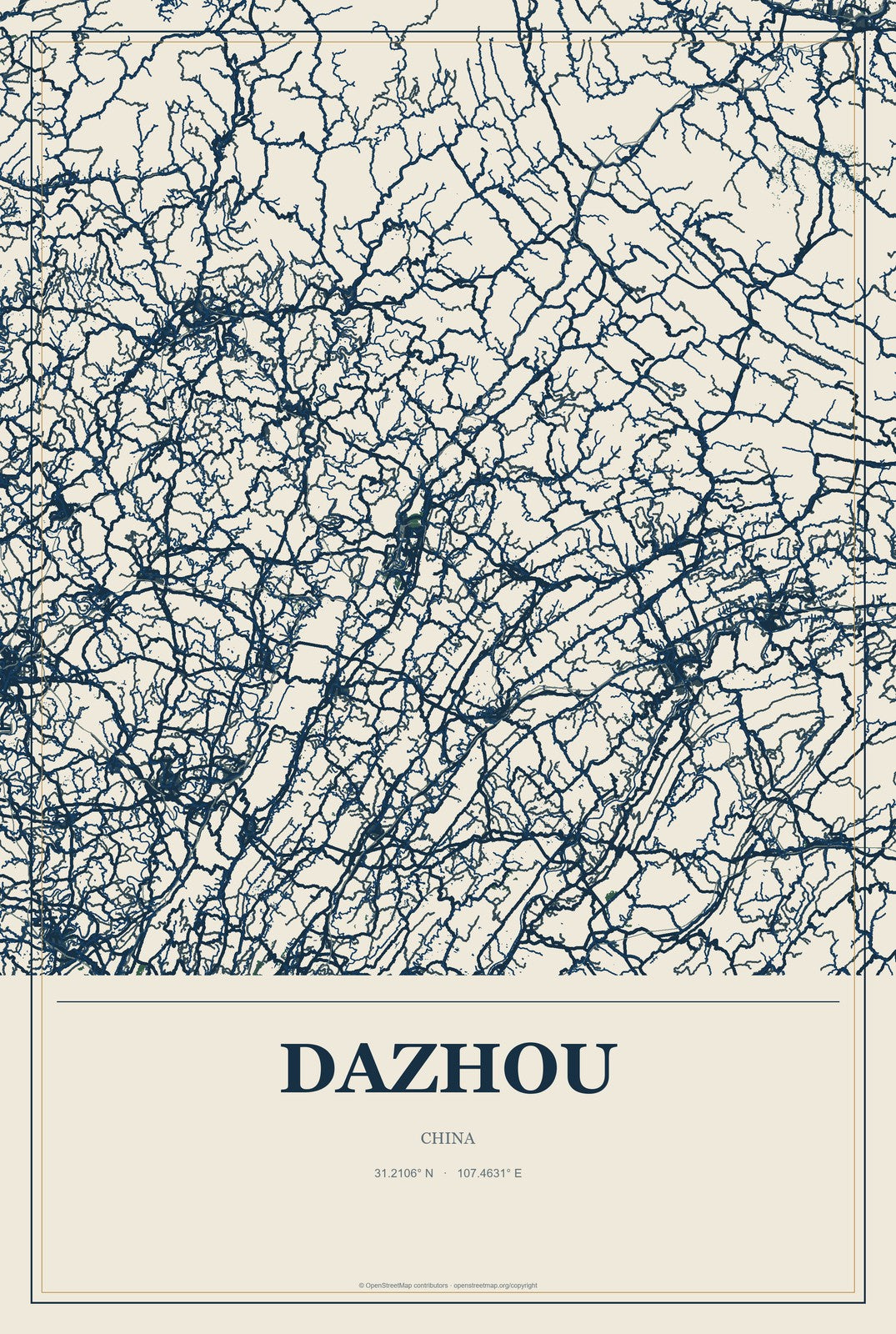 Dazhou, Chongqing, China City Map Aluminum Sign in Coastal Cutout style