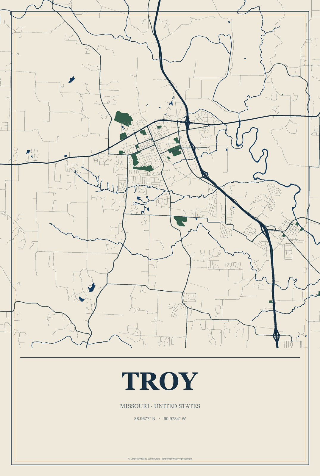 Troy, Missouri City Map Aluminum Sign in Coastal Cutout style
