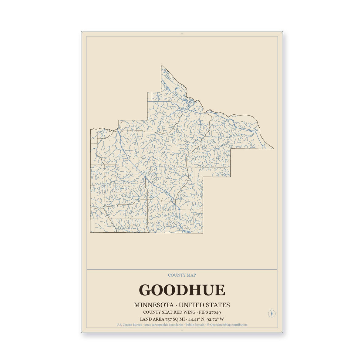 Goodhue County, Minnesota Map Aluminum Sign in Heritage Nautical style