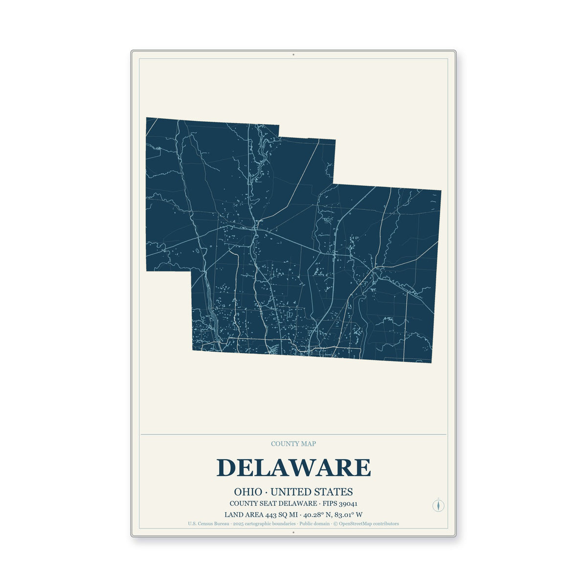 Delaware County, Ohio Map Aluminum Sign in Coastal Cutout style