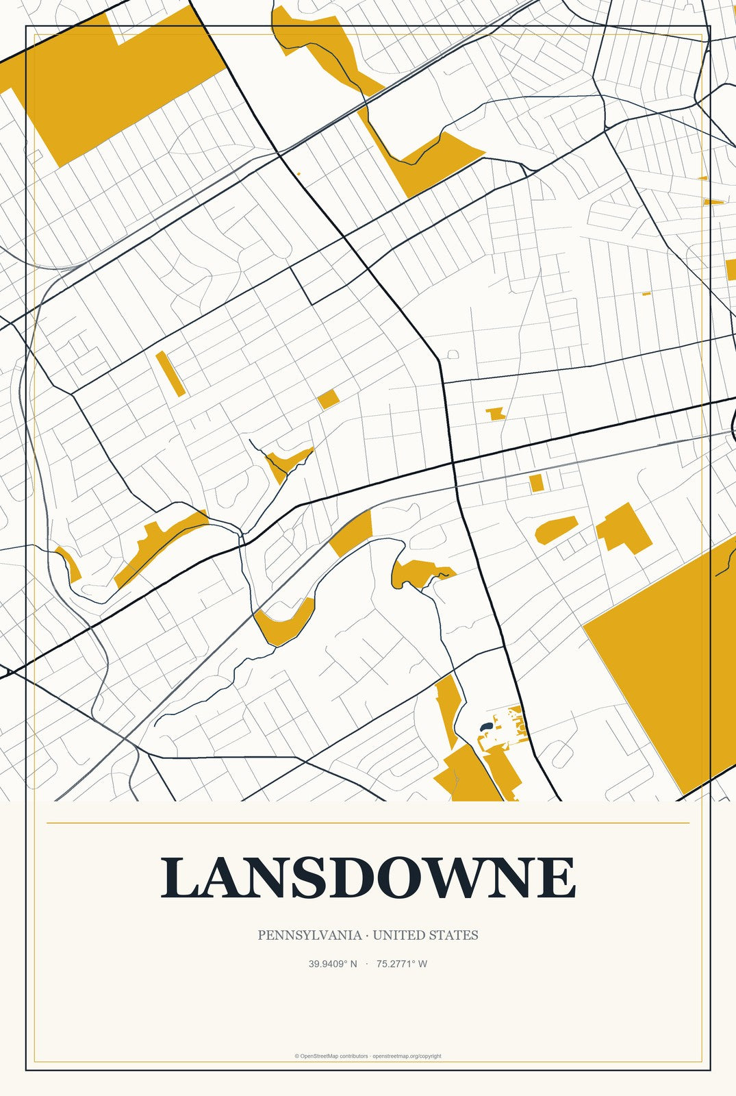 Lansdowne, Pennsylvania City Map Aluminum Sign in Citrine Modern style
