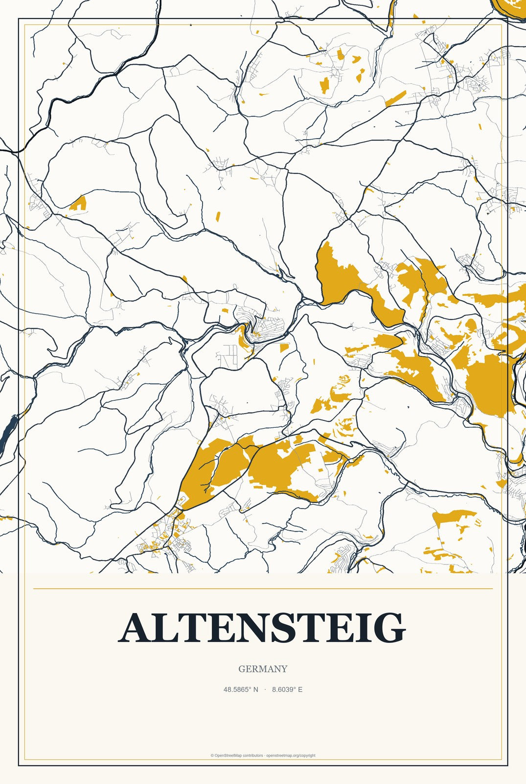 Altensteig, Germany City Map Aluminum Sign in Citrine Modern style