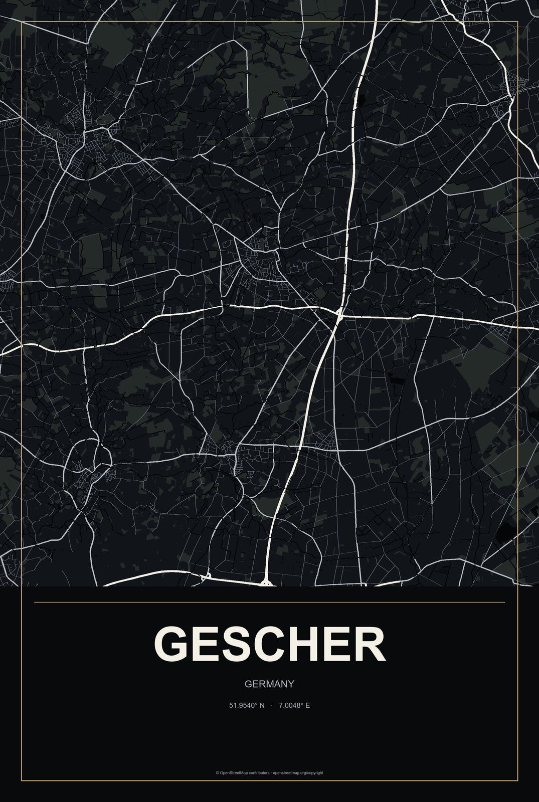 Gescher, Germany City Map Aluminum Sign in Metropolitan Noir style