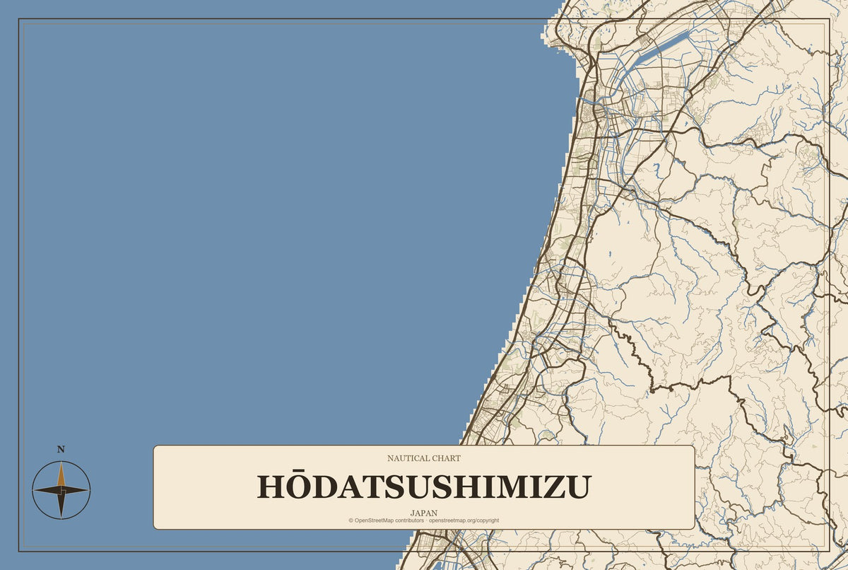 Hōdatsushimizu, Japan City Map Aluminum Sign in Heritage Nautical style