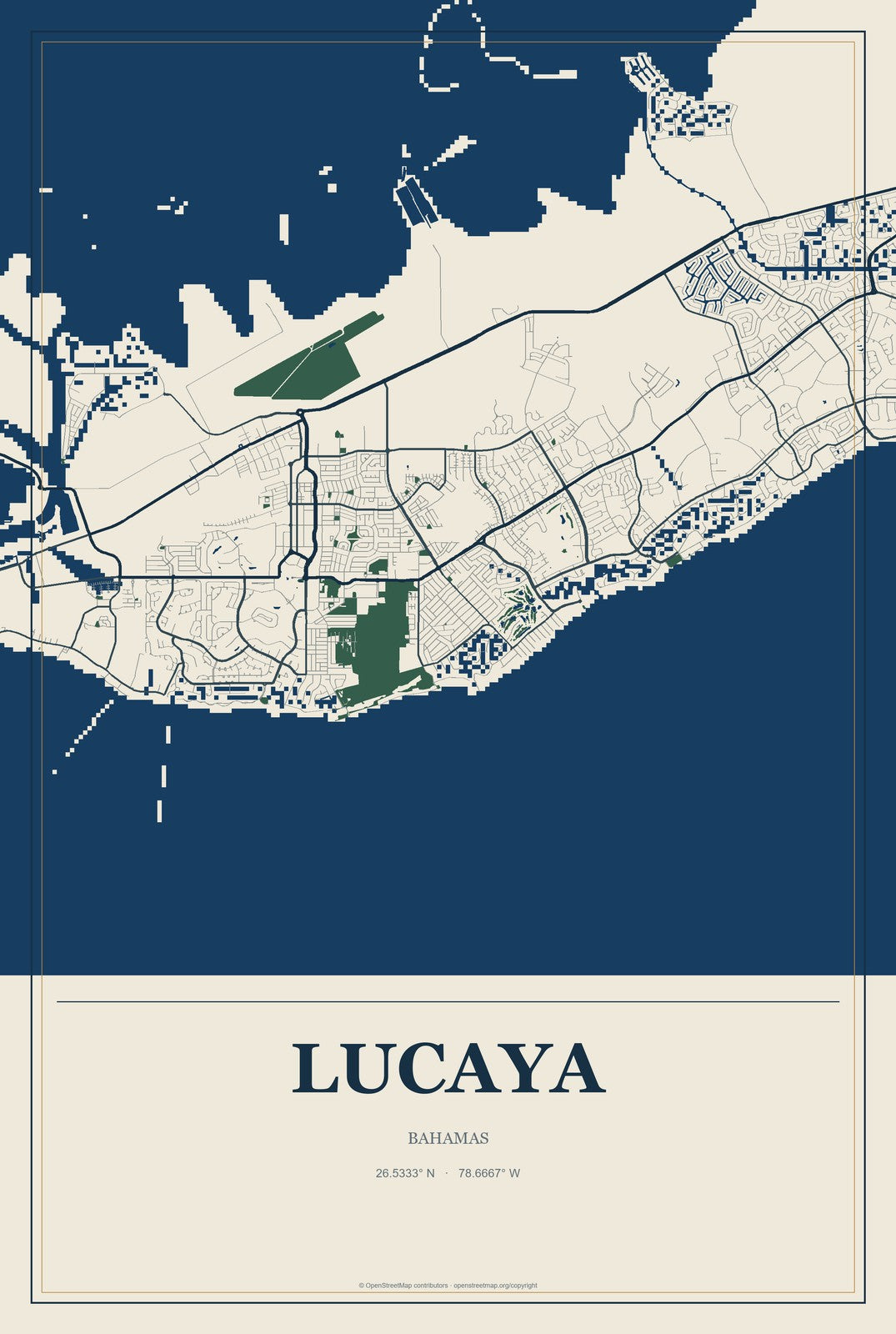Lucaya, Bahamas City Map Aluminum Sign in Coastal Cutout style