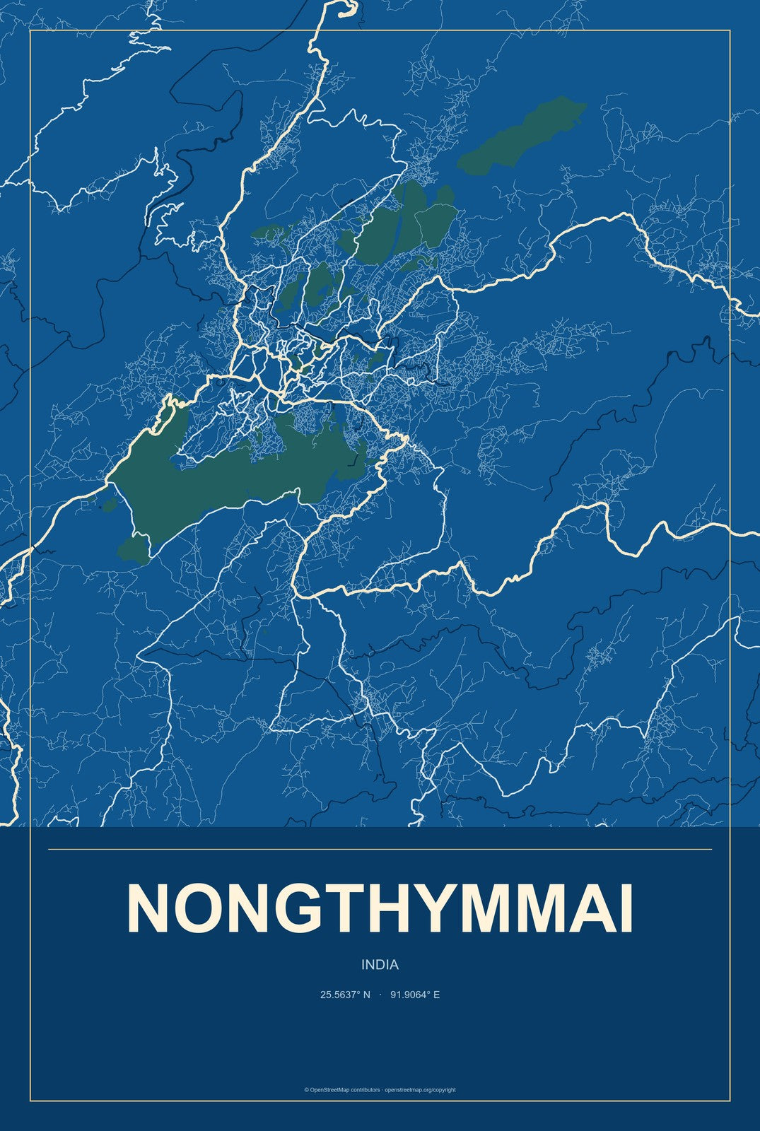 Nongthymmai, India City Map Aluminum Sign in Harbor Cobalt style
