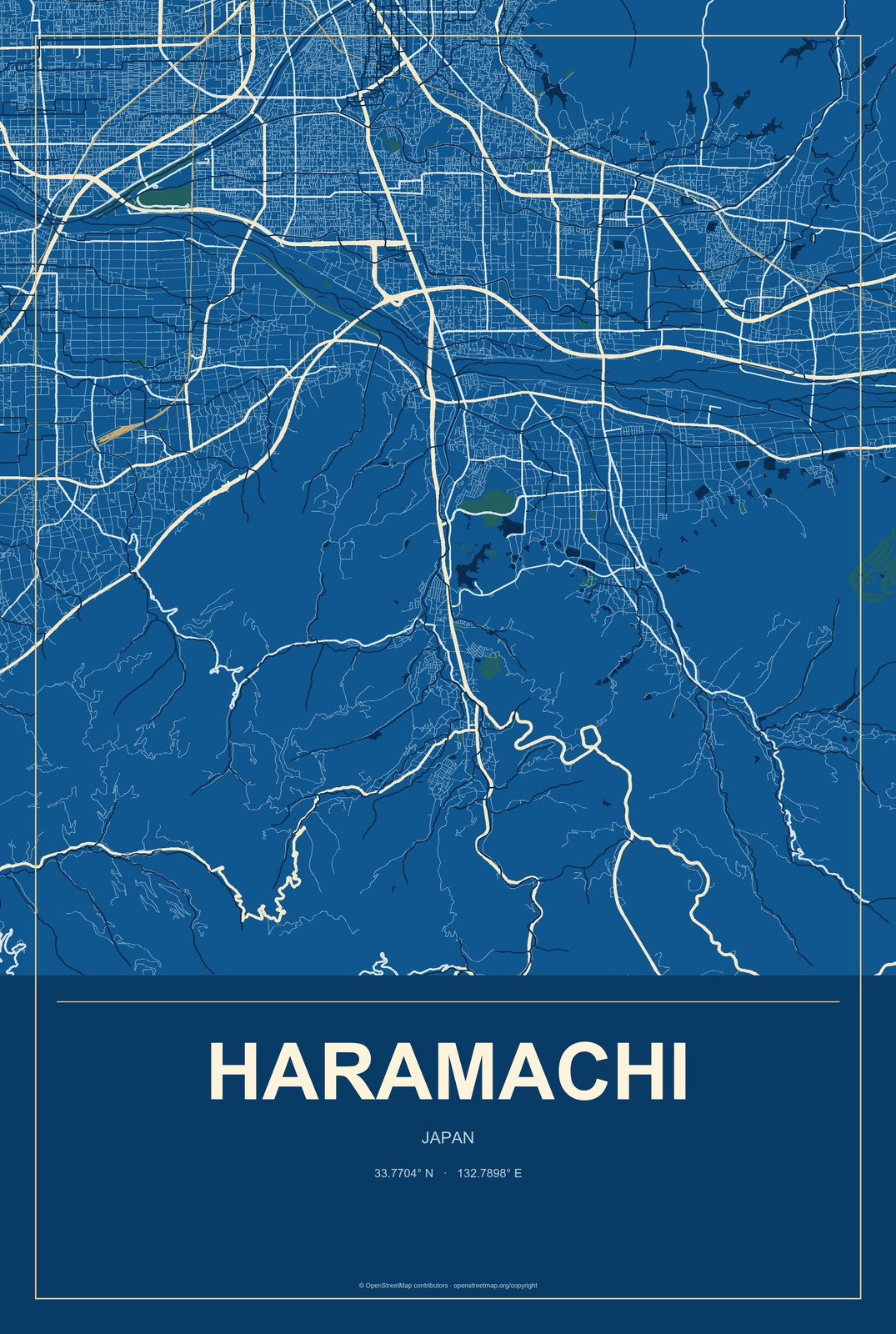 Haramachi, Japan City Map Aluminum Sign in Harbor Cobalt style