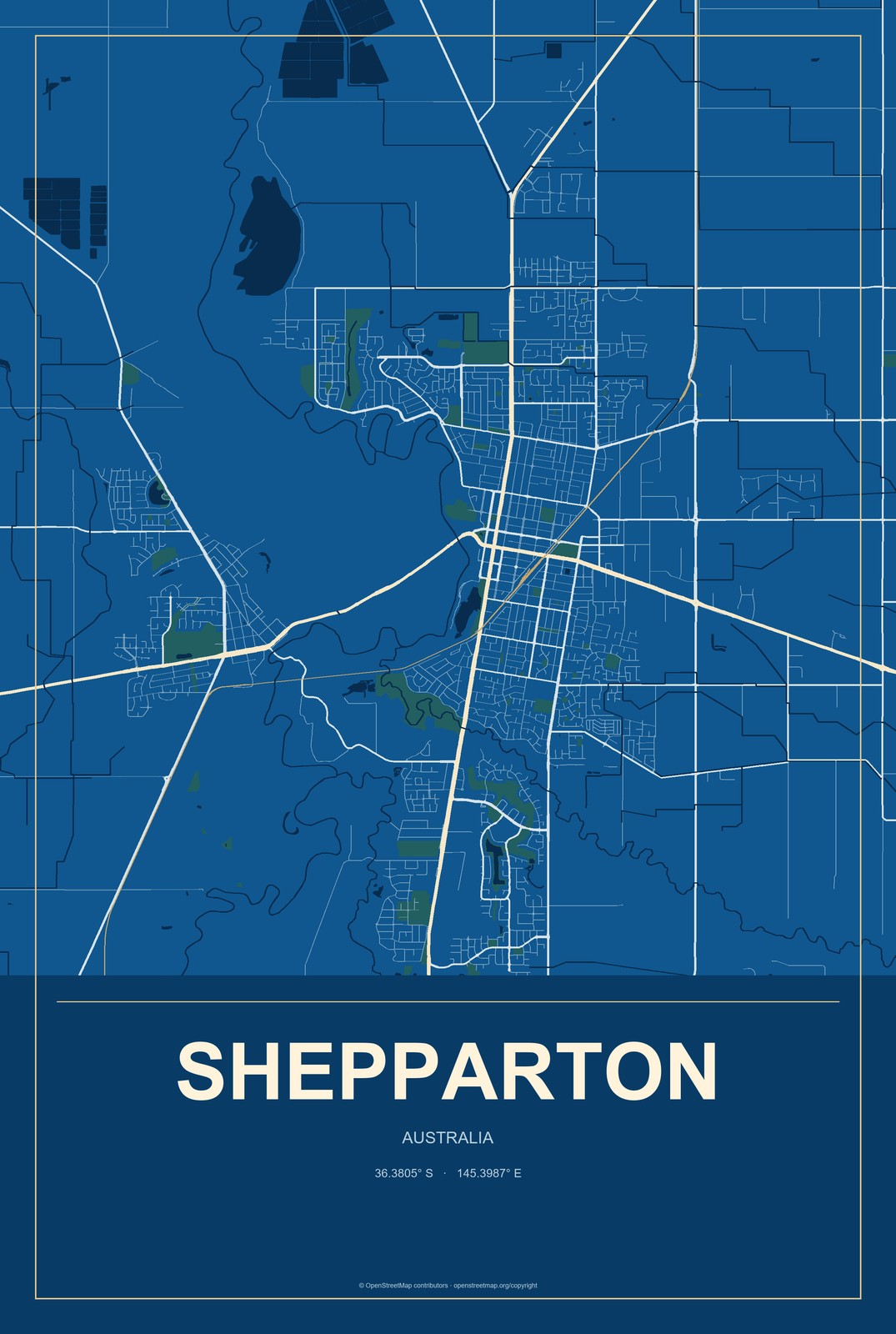 Shepparton, Australia City Map Aluminum Sign in Harbor Cobalt style