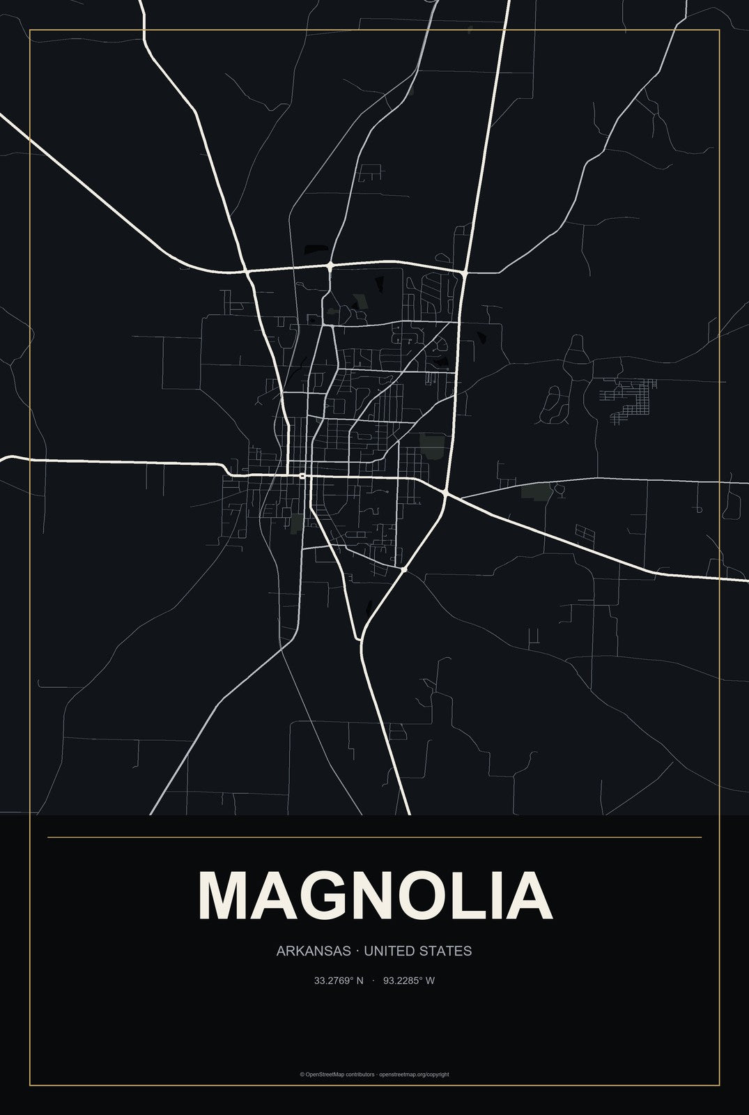 Magnolia, Arkansas City Map Aluminum Sign in Metropolitan Noir style