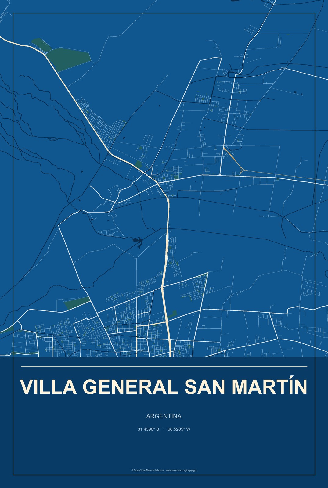 Villa General San Martín, Argentina City Map Aluminum Sign in Harbor Cobalt style