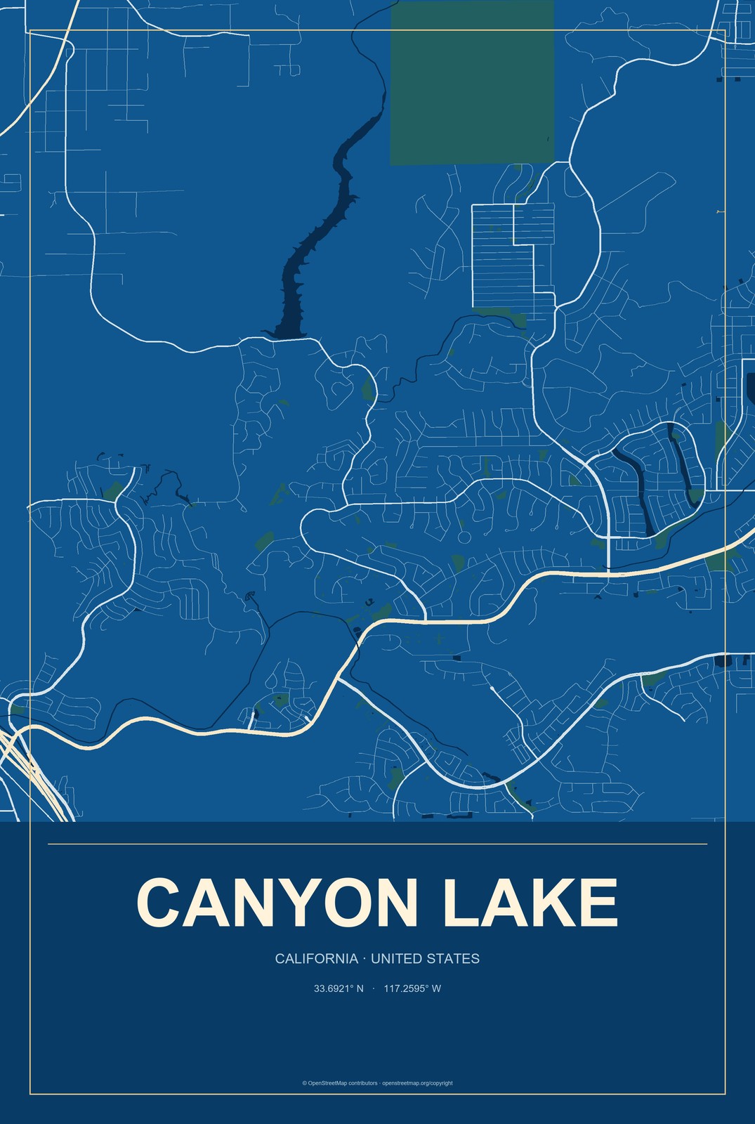 Canyon Lake, California City Map Aluminum Sign in Harbor Cobalt style