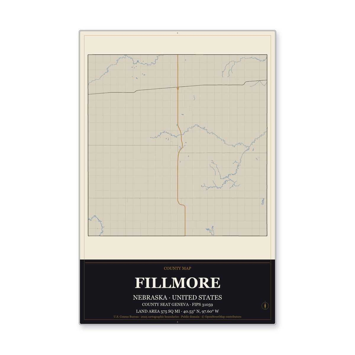Fillmore County, Nebraska Map Aluminum Sign in Museum Plaque style