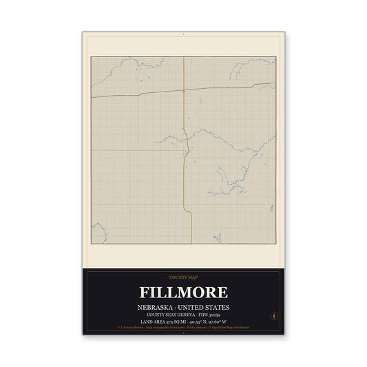 Fillmore County, Nebraska Map Aluminum Sign in Museum Plaque style