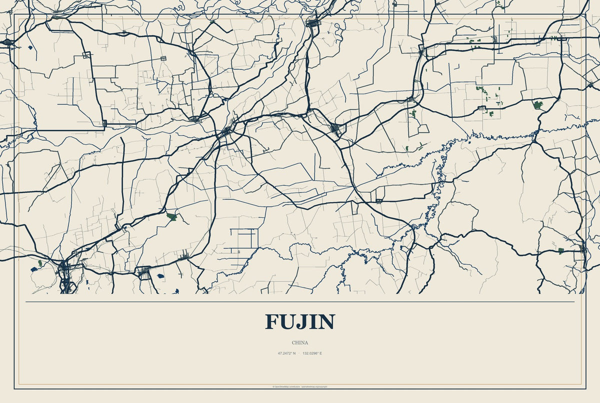 Fujin, China City Map Aluminum Sign in Coastal Cutout style