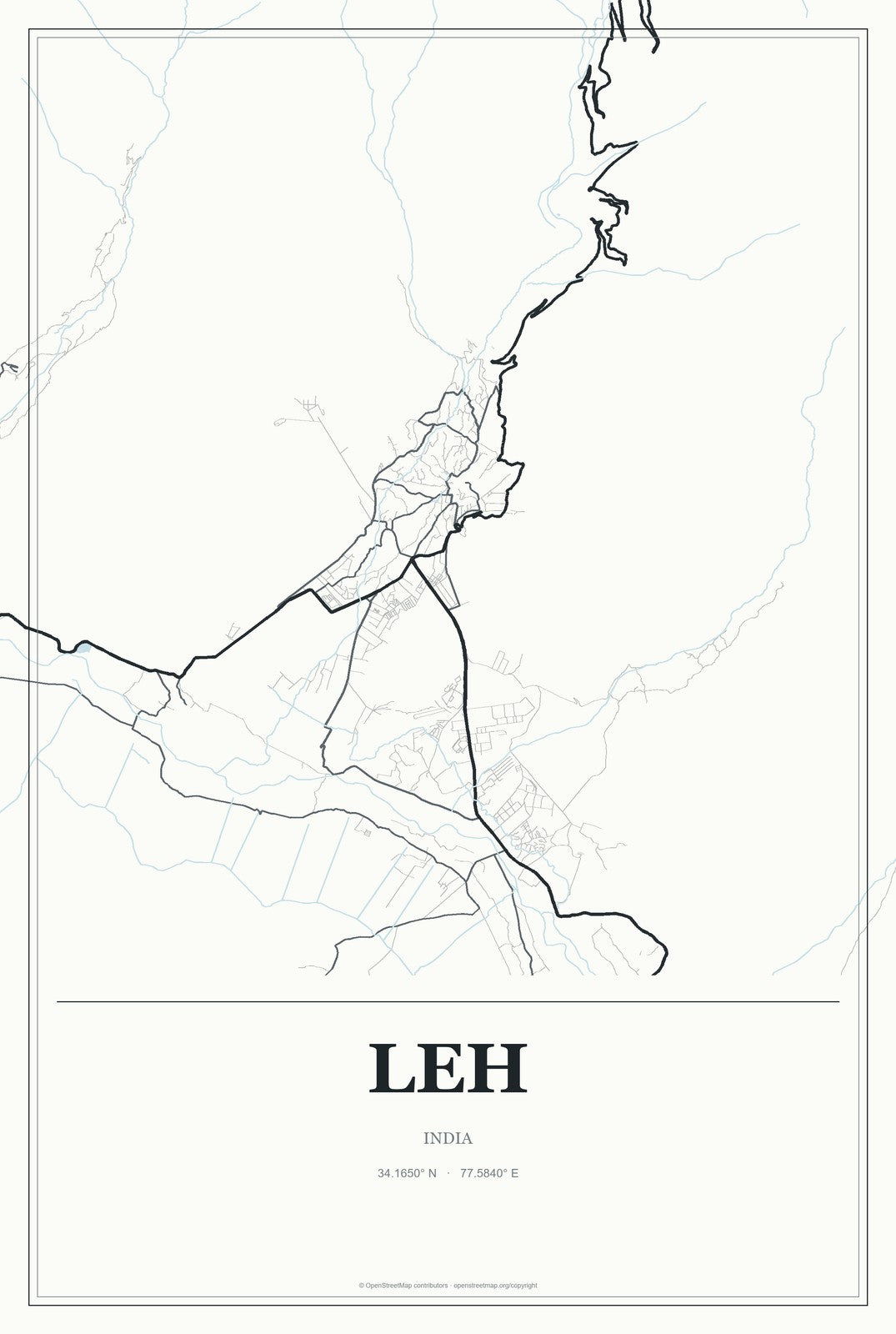 Leh, India City Map Aluminum Sign in Gallery Air style