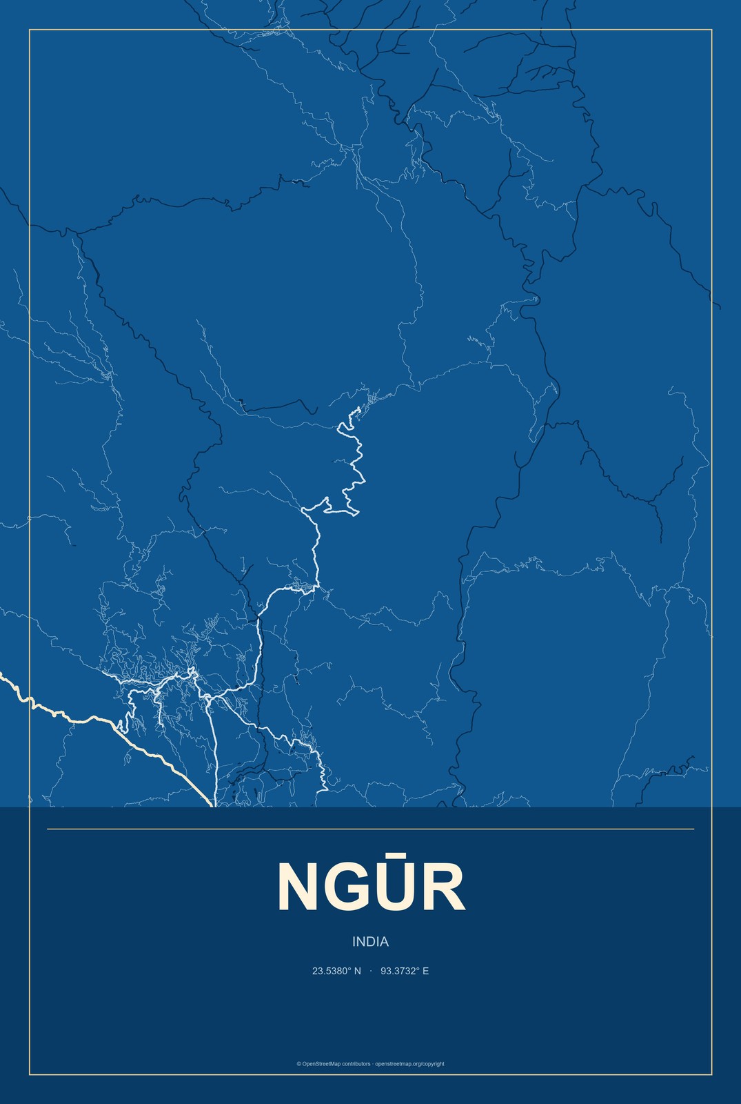 Ngūr, India City Map Aluminum Sign in Harbor Cobalt style