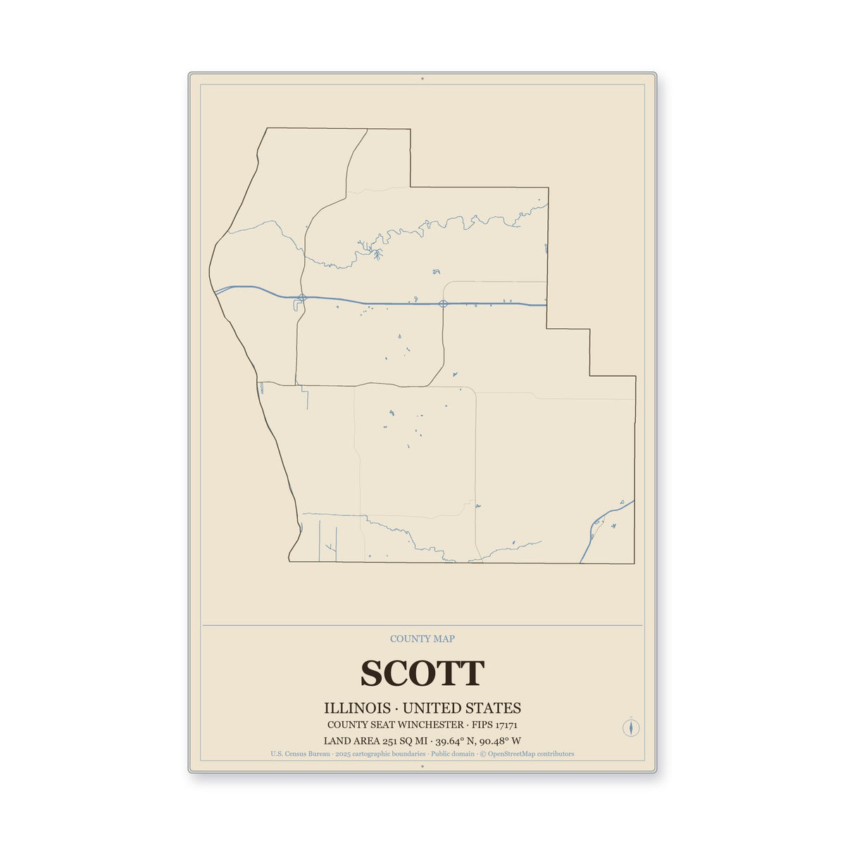 Scott County, Illinois Map Aluminum Sign in Heritage Nautical style