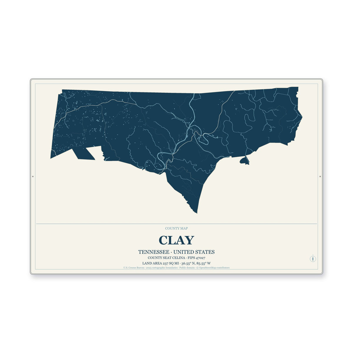 Clay County, Tennessee Map Aluminum Sign in Coastal Cutout style