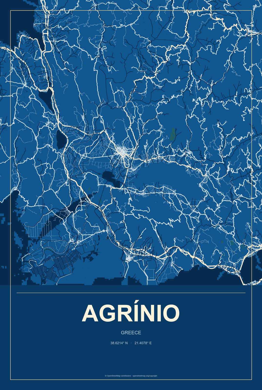 Agrínio, Greece City Map Aluminum Sign in Harbor Cobalt style