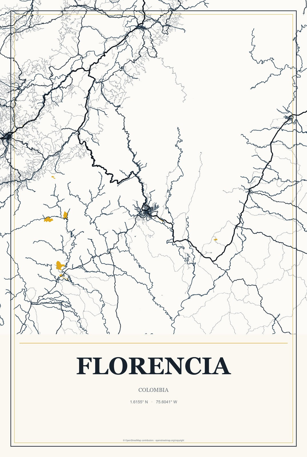 Florencia, Colombia City Map Aluminum Sign in Citrine Modern style