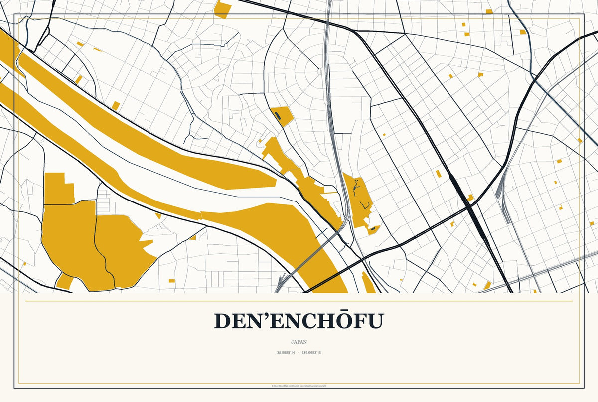 Den’enchōfu, Japan City Map Aluminum Sign in Citrine Modern style