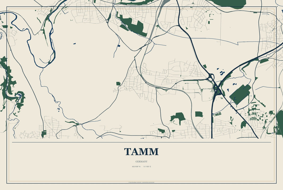 Tamm, Germany City Map Aluminum Sign in Coastal Cutout style